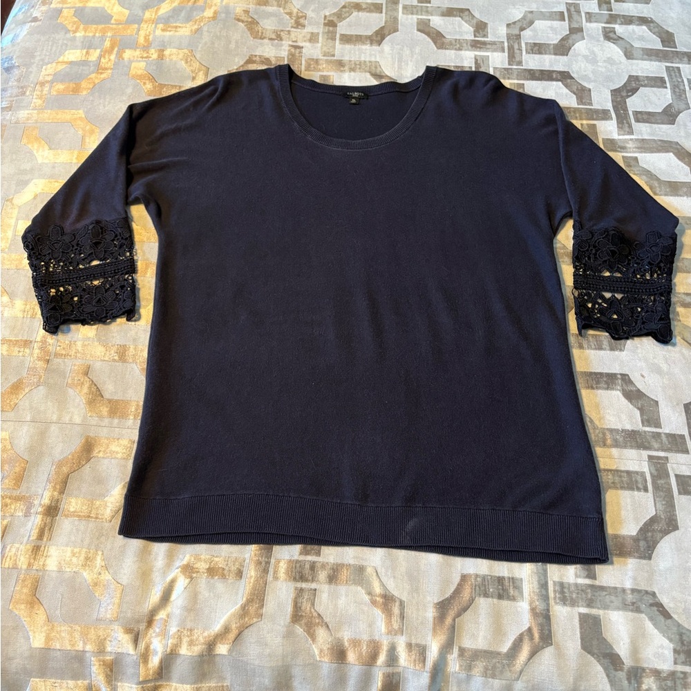 Talbots Navy Sweater with Lace Sleeves, size medium petite